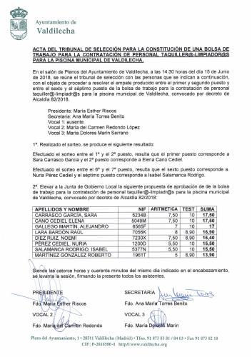 PROPUESTA DEL TRIBUNAL PARA LA CONSTITUCIÓN DE UNA BOLSA DE TRABAJO PARA LA CONTRATACIÓN DE PERSONAL TAQUILLER@-LIMPIADOR@S PARA LA PISCINA MUNICIPAL DE VALDILECHA.