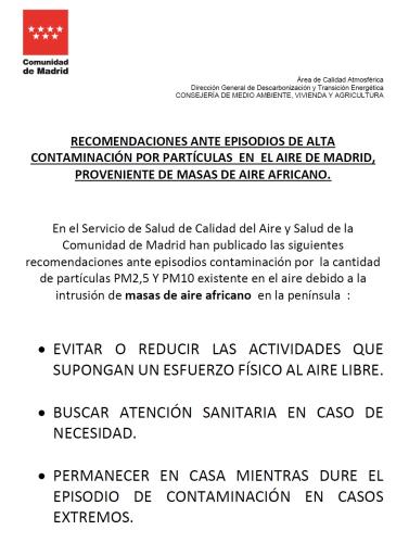 RECOMENDACIONES ANTE LA CONTAMINACION DEL AIRE EN MADRID.