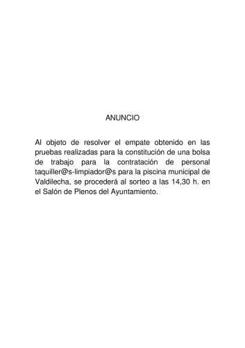 ANUNCIO RELATIVO AL SORTEO PARA LA CONTRATACIÓN DE TAQUILLER@S-LIMPIADOR@S PARA LA PISCINA MUNICIPAL