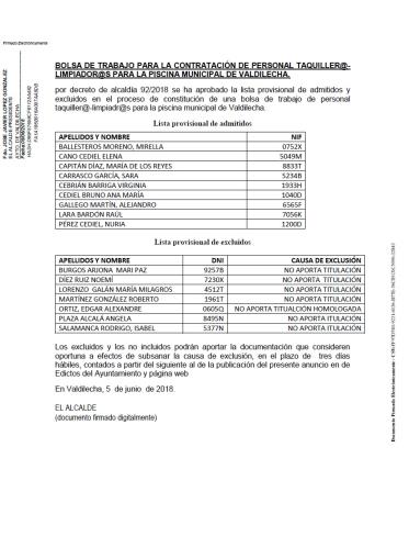 Anuncio: lista provisional de  admitidos y excluidos para la constitución de una bolsa de trabajo de personal taquiller@s- limpiador@s  para la piscina  de Valdilecha