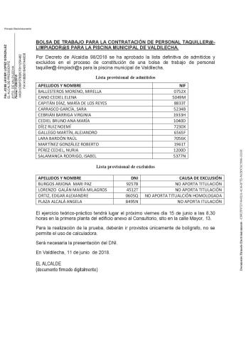 CONVOCATORIA DE EXAMEN VIERNES 15 DE JUNIO Y ANUNCIO LISTA DEFINITIVA DE ADMITIDOS Y EXCLUIDOS PARA LA CONSTITUCIÓN DE UNA BOLSA DE TRABAJO DE PERSONAL TAQUILLER@S-LIMPIADOR@S  PARA LA PISCINA MUNICIPAL