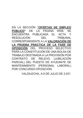 VALORACIÓN PRUEBA PRÁCTICA PROVISIÓN CONTRATO DE RELEVO DEL PUESTO DE AYUDANTE DE MANTENIMIENTO