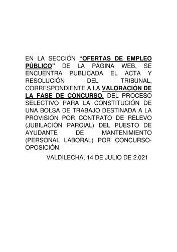 VALORACIÓN DE LA FASE DE CONCURSO PROVISIÓN CONTRATO DE RELEVO DEL PUESTO DE AYUDANTE DE MANTENIMIENTO