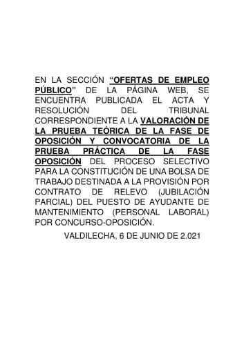 VALORACIÓN PRUEBA TEÓRICA PROVISIÓN CONTRATO DE RELEVO DEL PUESTO DE AYUDANTE DE MANTENIMIENTO