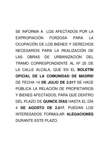 AFECTADOS POR LA EXPROPIACIÓN DEL TRAMO CORRESPONDIENTE A LA CALLE ALCALA Nº 25