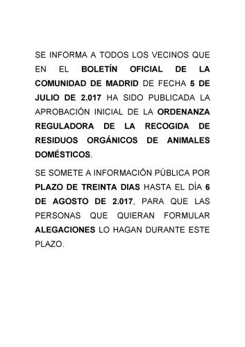 APROBACIÓN INICIAL DE LA ORDENANZA REGULADORA DE LA RECOGIDA DE RESIDUOS ORGÁNICOS DE ANIMALES DOMÉSTICOS