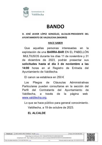 Bando sobre la Barra-bar del Pabellón Multiusos el 11 de noviembre y 31 de diciembre 