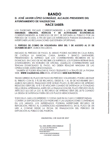 Período de cobro del impuesto de vehículos de tracción mecánica y las tasas de basuras, cementerio y vados correspondientes  al ejercicio 2018.