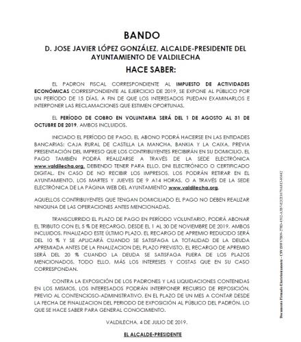 Información padrón fiscal correspondiente al Impuesto de Actividades Económicas