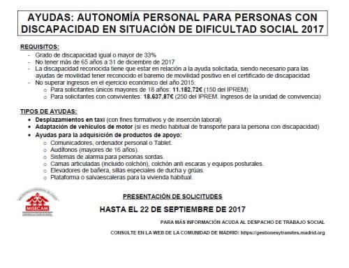 AYUDAS: AUTONOMÍA PERSONAL PARA PERSONAS CON DISCAPACIDAD EN SITUACIÓN DE DIFICULTAD SOCIAL 2017