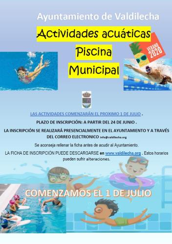 Actividades acuáticas verano 2020. Piscina Municipal de Valdilecha