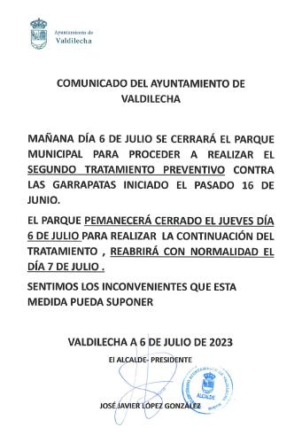 Segundo tratamiento preventivo contra las garrapatas en el Parque Municipal.