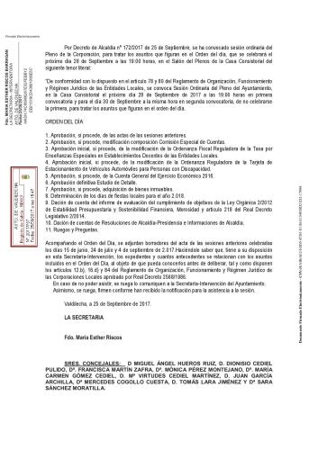 CONVOCATORIA DEL PLENO DE LA CORPORACIÓN PARA EL PRÓXIMO JUEVES 28 DE JULIO DE 2.017