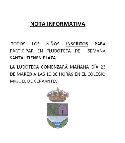 Información asignación plazas "Ludoteca Semana Santa".