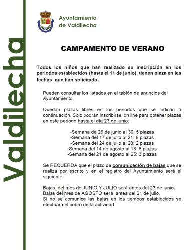 Nota informativa Campamento de verano en Valdilecha 