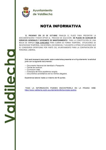 Oferta  de empleo: Plazas de auxiliar de servicios generales y ayudante de mantenimiento