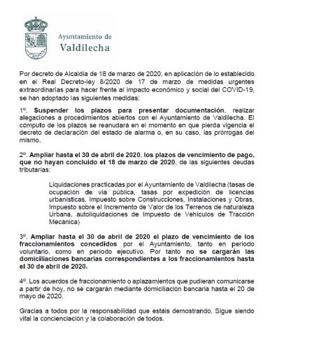  SUSPENSIÓN Y AMPLIACIÓN DE PLAZOS AYUNTAMIENTO DE VALDILECHA