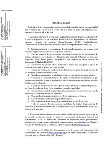 Provision temporal de 2 puestos de policía local del Ayuntamiento de Valdilecha  mediante comisión de servicios. 