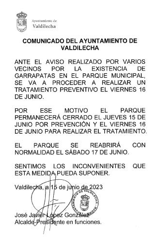 Comunicado  sobre tratamiento preventivo Parque Municipal de Valdilecha