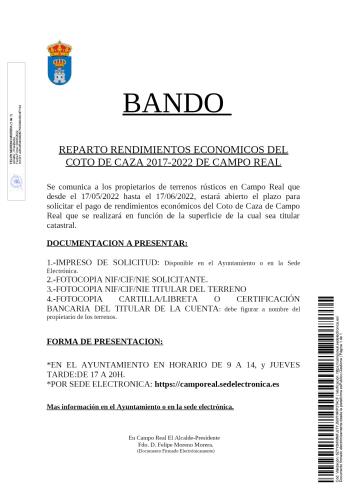 PAGO DE LOS RENDIMIENTOS ECONÓMICOS DEL COTO DE CAZA DE CAMPO REAL 