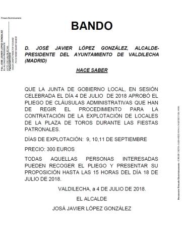 Procedimiento para la  contratación de la explotación de locales en la Plaza de Toros durante  las fiestas patronales