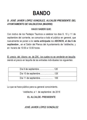 VENTA ANTICIPADA DE ABONOS PARA FESTEJOS TAURINOS EN VALDILECHA