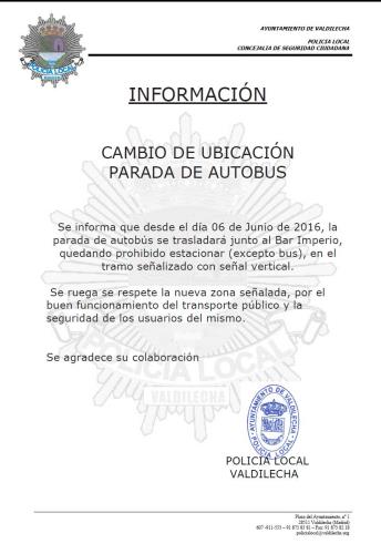 Cambio de ubicación parada de autobús, día 6 de junio.