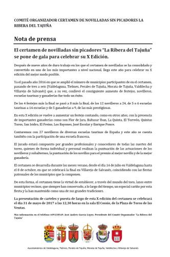 NOTA DE PRENSA CERTAMEN  DE NOVILLADAS " LA RIBERA DEL TAJUÑA"