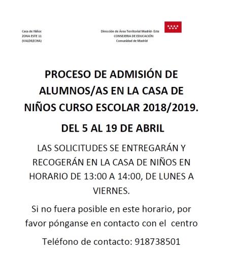 Proceso de admisión de alumnos en la casa de niños de Valdilecha