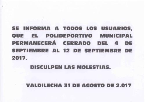 CIERRE DEL POLIDEPORTIVO MUNICIPAL DURANTE LAS FIESTAS PATRONALES