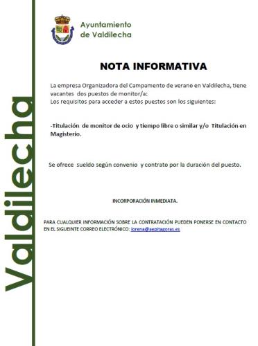 Oferta de empleo para campamento de verano en Valdilecha